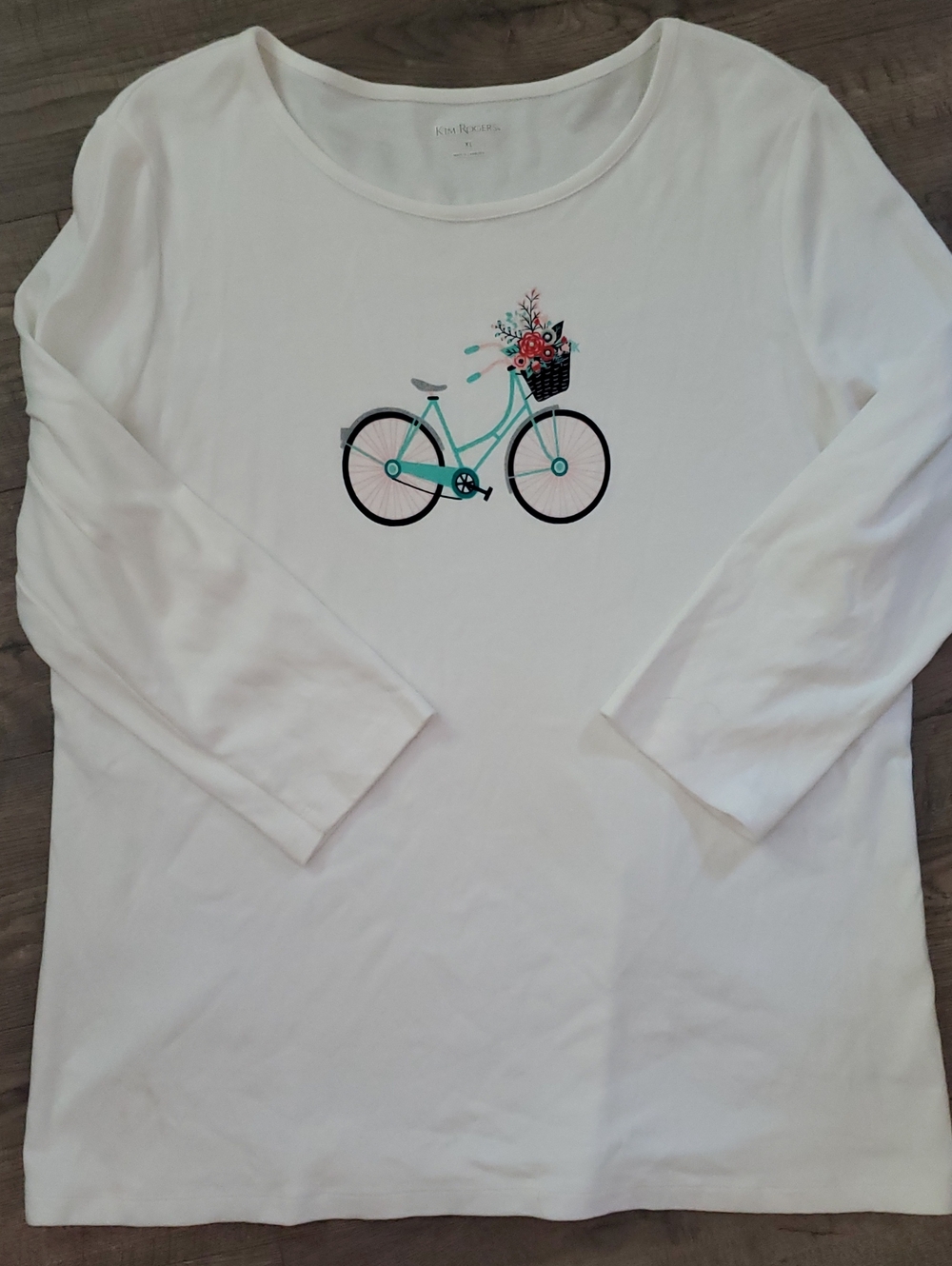 Kim Rogers White Long Sleeve Tee with Teal Bicycle and Floral Basket
